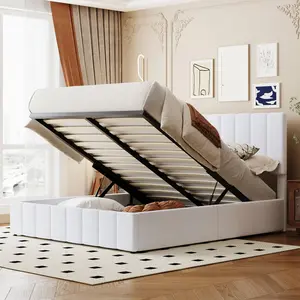 Queen Size Upholstered Platform bed with Headboard and a Hydraulic Storage System, Linen Bed Wood Frame with Slats, No Box Spring Needed