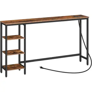 Console Table with Power Outlet, 63" Behind Sofa Table with Shelves, Long Computer Desk with Storage, Couch Table for Home Office, Hallway, Rustic Brown and Black BF164UXG01