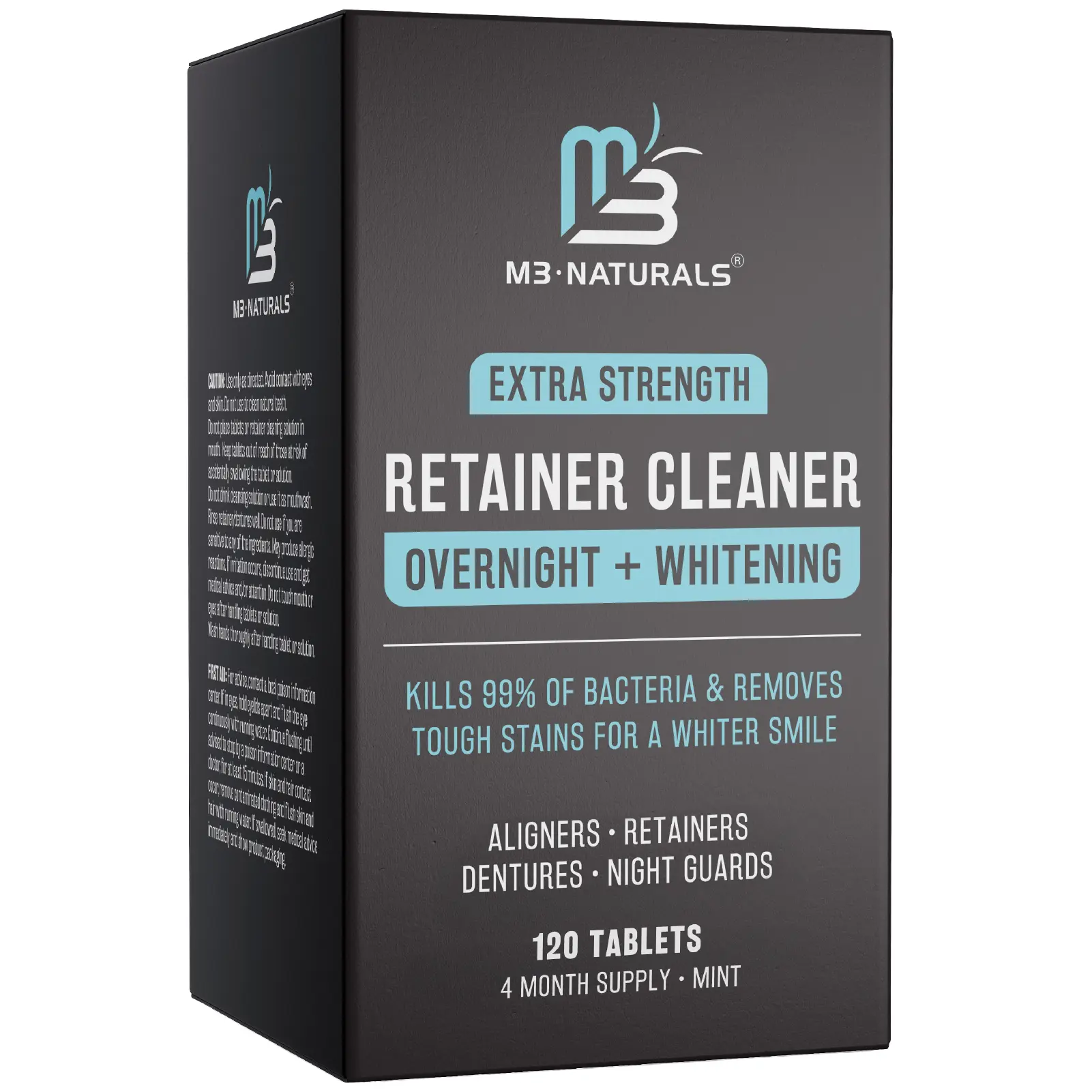 Overnight + Whitening Retainer Cleaner, Remove Stains, Discoloration, and Plaque | 4 Month Supply | Denture Cleanser with Whitening Boost,120 Tablets by M3 Naturals
