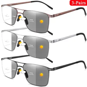 3 Pack Photochromic Fashion Reading Glasses, High Quality Eyewear, Photochromic Eyeglasses, Metal Frame, Blue Light Blocking, Unisex, Classic Design, Single Item Pack
