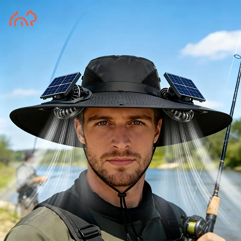 Unisex Wide Brim Solar Fan Hat with Solar-Powered Dual Cooling Fans, Adjustable Strap, USB Charging, Long-Lasting Battery, All Seasons Outdoor Sports Sun Protection Hat for Hiking, Breathable Mesh