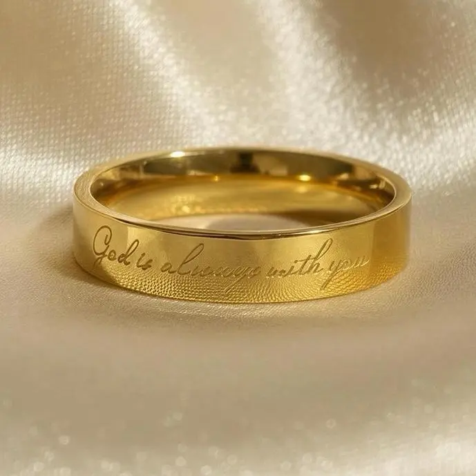 God is Always With You Skinny 4mm Gold Ring Band, Christian Jewelry, Positive Affirmations, Anti Tarnish 316L Stainless Steel