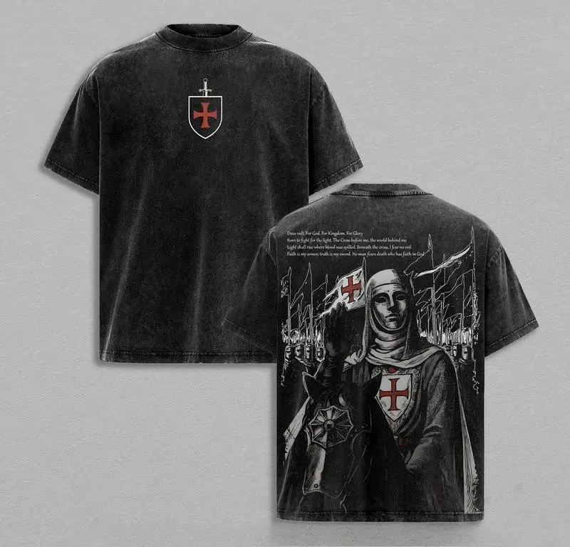 Men's Retro Baldwin IV "The Leper King" Crusader King Cotton Apparel - Vintage Washed Shortsleeve/Oversized T-Shirt, Hoodie, Tank Top, Sweatshirt - Jerusalem Cross Medieval Christian Streetwear, Armor Glory of God Outfit