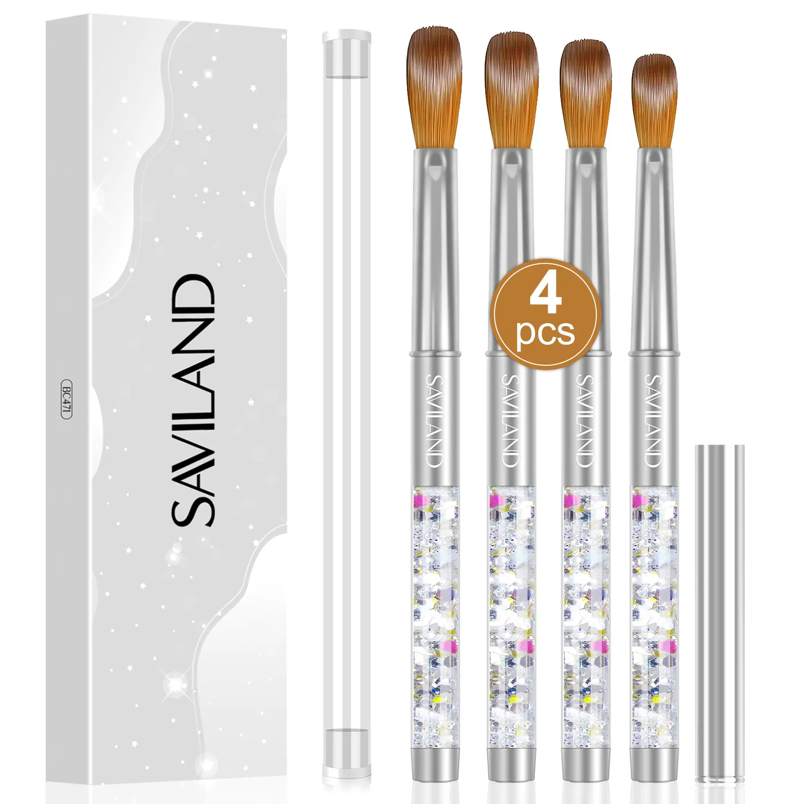 Saviland Kolinsky Acrylic Nail Brush Set: 4 Professional Brushes (Sizes 6/10/12/14) for Acrylic Powder Application Nail Extensions & 3D Nail Carving