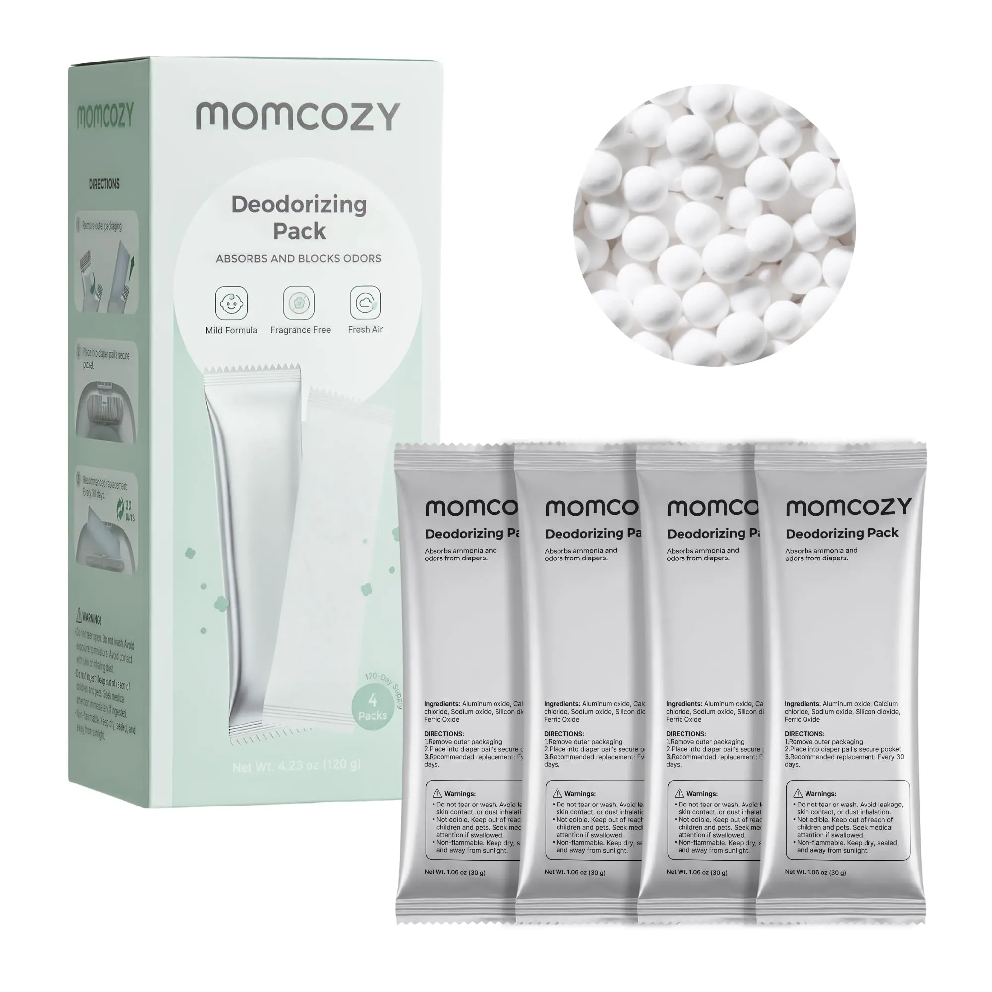 Momcozy Diaper Pail Deodorizer Refills, 4 Packs Mineral-Based Odor Control Bags, Fragrance-Free Odor Absorber Packs for Momcozy Diaper Pail, Trash Bins, Shoe Cabinets, Gym Bags & Cat Litter Boxes