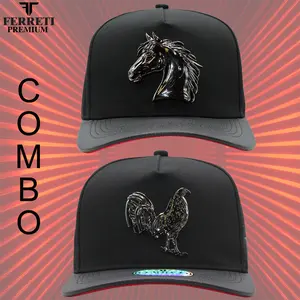 IMPACTO CAPS COMBO FT8388MR GALLO Y MR CABALLO BLACK Cap with Metal HORSE AND GALLO  Patch, Cotton Material, Versatile Design for Men BASEL BALL CAP