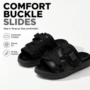 Black Comfort Buckle Slides for Men, Adjustable Strap Sandals, Cushioned Footbed Slip-On Shower Beach House Slippers
