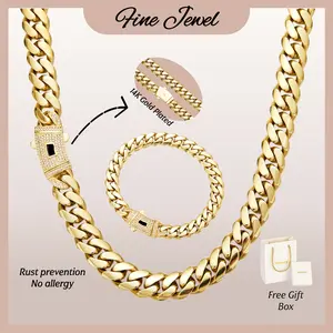 [Set] 14K Real Gold-Plated Cuban Necklace& Bracelet with Miami Link Chain and Diamond Clasp, Anti-Friction, for Men and Women, Stainless Steel Thick Chain Hip Hop Jewelry 6/8/10/12/14MM, Colorfast, Waterproof, Thickened, Black Friday