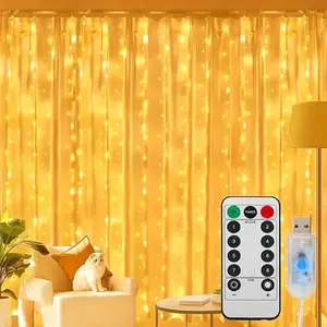 USB LED Curtain Light Strip with Remote Control and Timer Function - 8 Lighting Modes, Dimmable Fairy String Lights for Christmas Tree, Room and Wall Decoration, Warm/Multicolor, 300LED