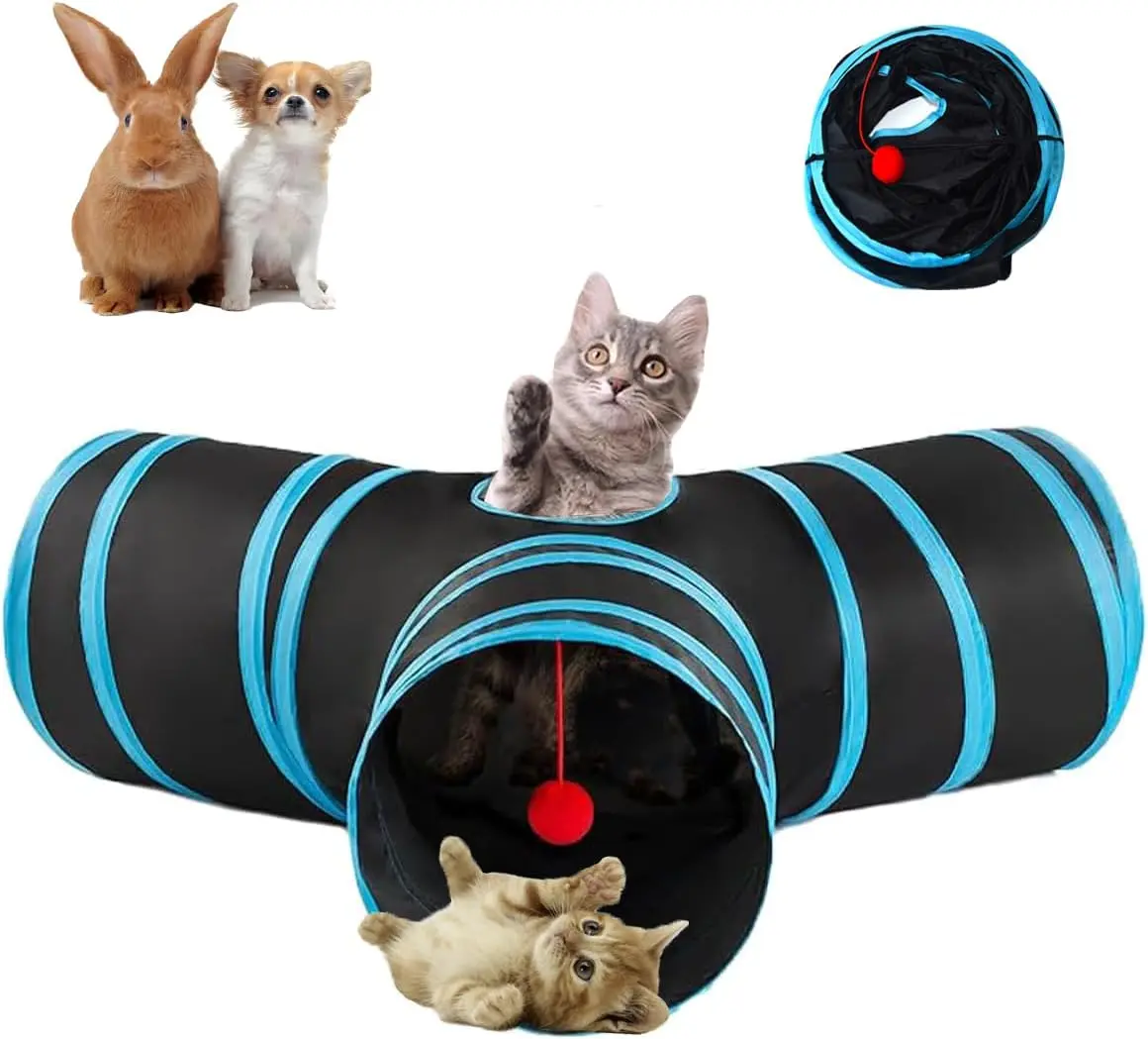 Cat Tunnels for Indoor Cats 3 Way Black Blue Collapsible, Play Tunnel Tube with Peepholes Perfect for Kittens, Puppies, Rabbits, Fun Interactive Toys for Playtime & Exercise