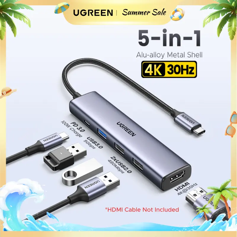 UGREEN 5-in-1 USB-C Hub, 4K HDMI Adapter（HDMI Cable Not Included) with 100W PD, 3 USB-A Ports, USB-C Dongle for MacBook Pro2017-2025,MacBook Air2018-2025, iPadPro 2021/2022/2024/2025, iPhone 15/16/17 Series, Samsung Galaxy S25/S24,XPS, Summer Sale
