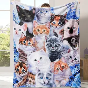 Cute Cat Pattern Flannel Cozy Blanket, 1-Pack Soft, Comfortable, Warm Nap Blanket with Storage Bag, Perfect Sleep Bedding for Home, Office, and Travel
