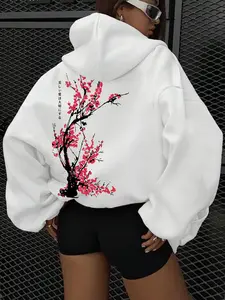 Women's Cherry Blossom Print Hooded Sweatshirt, Japanese Style Casual Top with Pocket, Comfortable Polyester Fabric for All Seasons