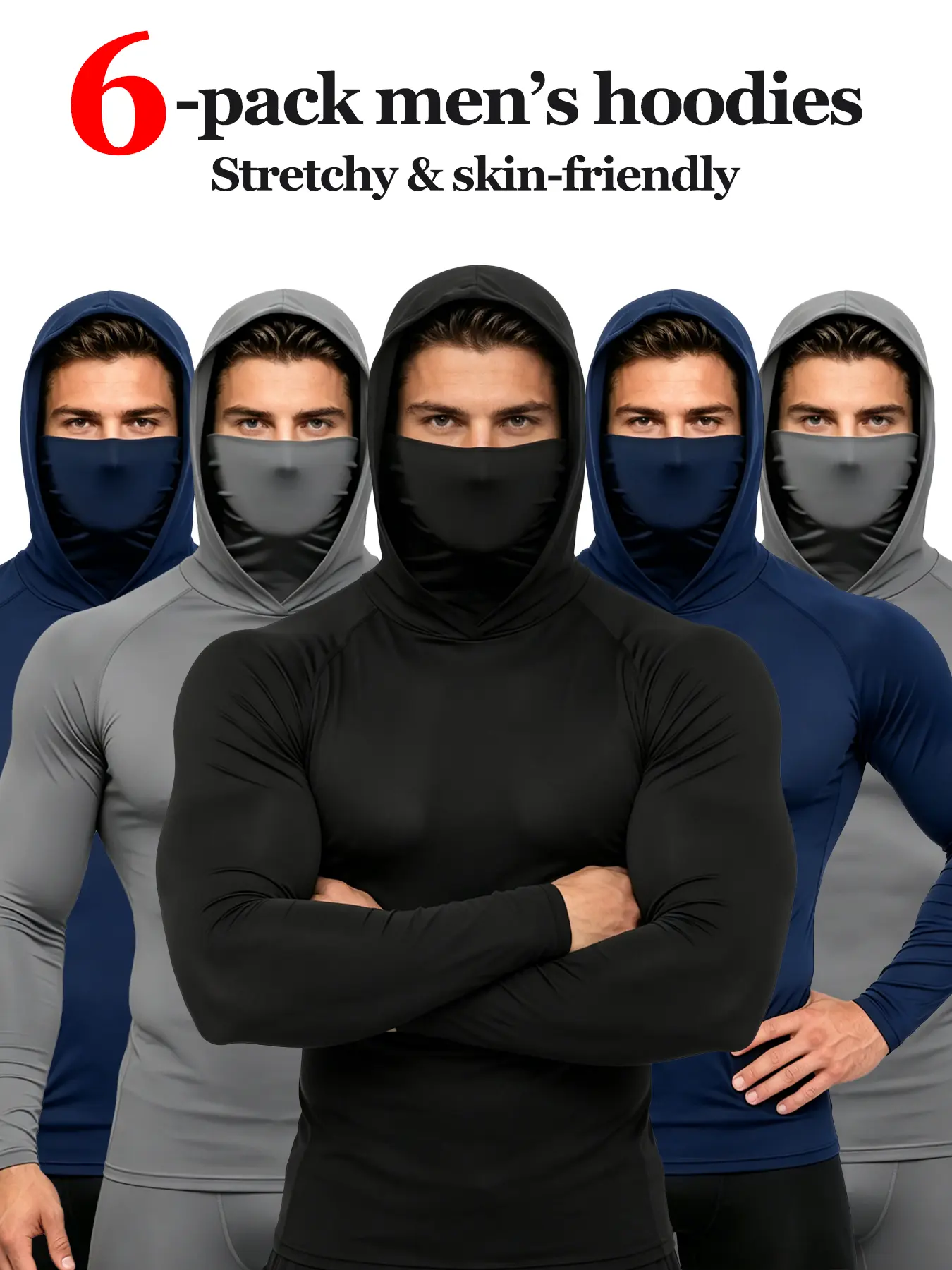 Men's 6-Pack Hooded Compression Shirts with Included Face Mask, Stretchy Skin-Friendly Long-Sleeve Pull-On Athletic Hoodies for Workout, Outdoors