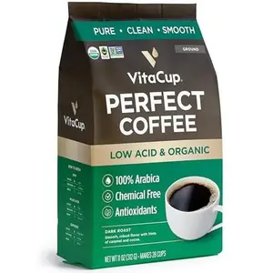 VitaCup Perfect Low Acid Coffee Ground, USDA Organic & Fair Trade, Mycotoxin Free, Dark Roast Guatemala Single Origin, Clean & Pure for Drip Coffee Brewers and French Press, 11 ounces