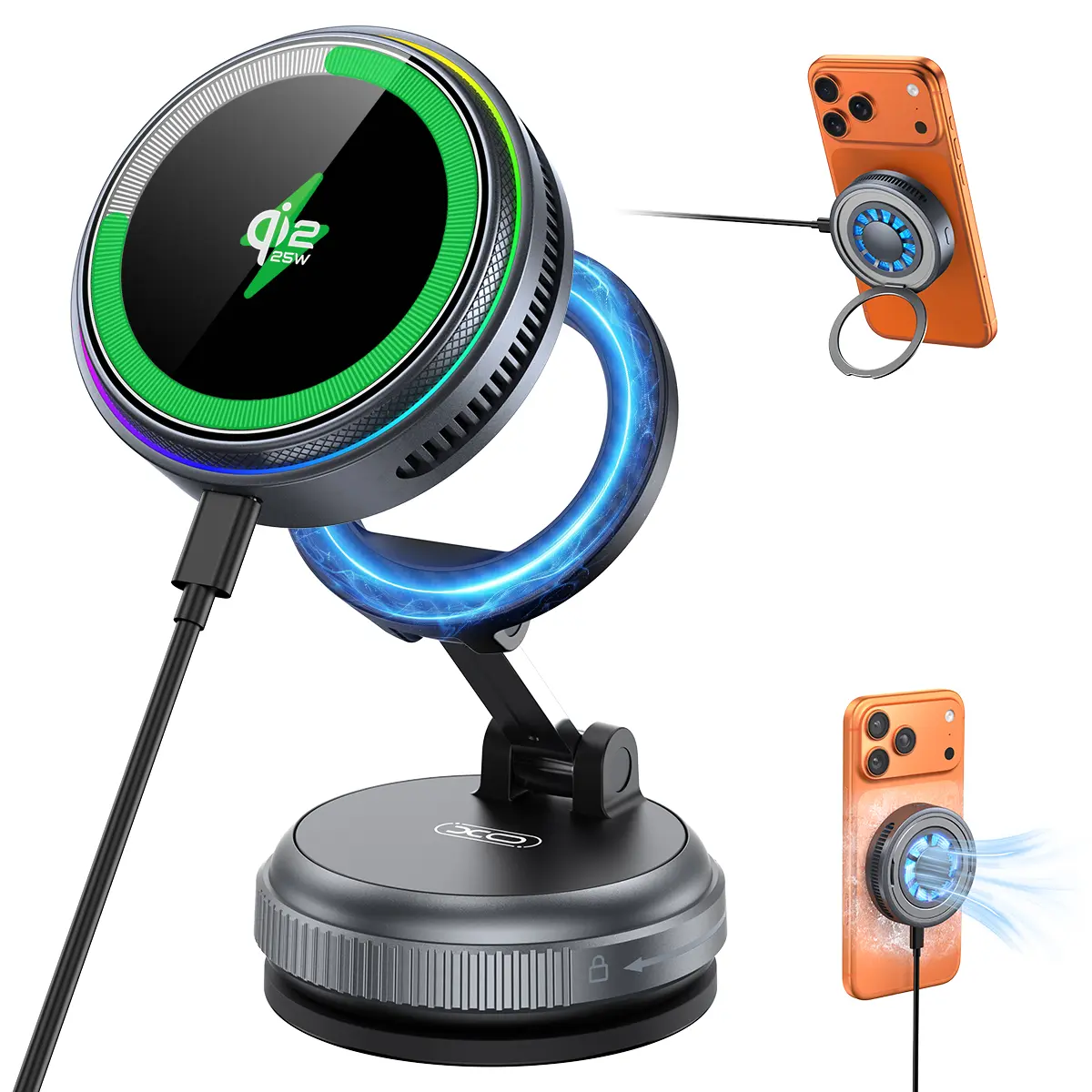 Qi2.2 25W Certified MagSafe Phone Mount Charger Lite with Cooling Fan&LED Light, 360° Rotating Fast Wireless Charger & Phone Holder for iPhone 17-12, Galaxy S25-S26