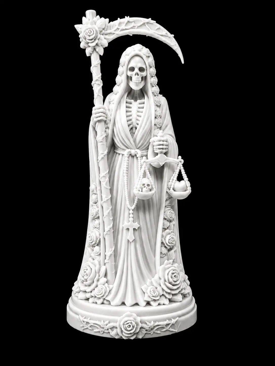 Santa Muerte Justice Statue with Scythe, Scales, Heart & Skull | 3D Printed Devotional Altar Figure | La Santa Muerte Decor