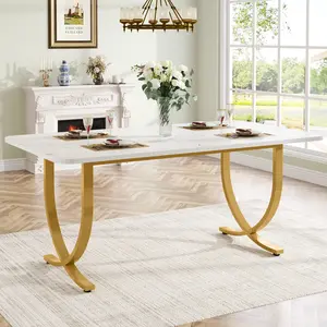 LITTLE TREE Rectangular Dining Table for 4 to 6, 63-Inch Modern Kitchen Table with Faux Marble Table Top and Metal Legs for Dining Room, Kitchen or Living Room