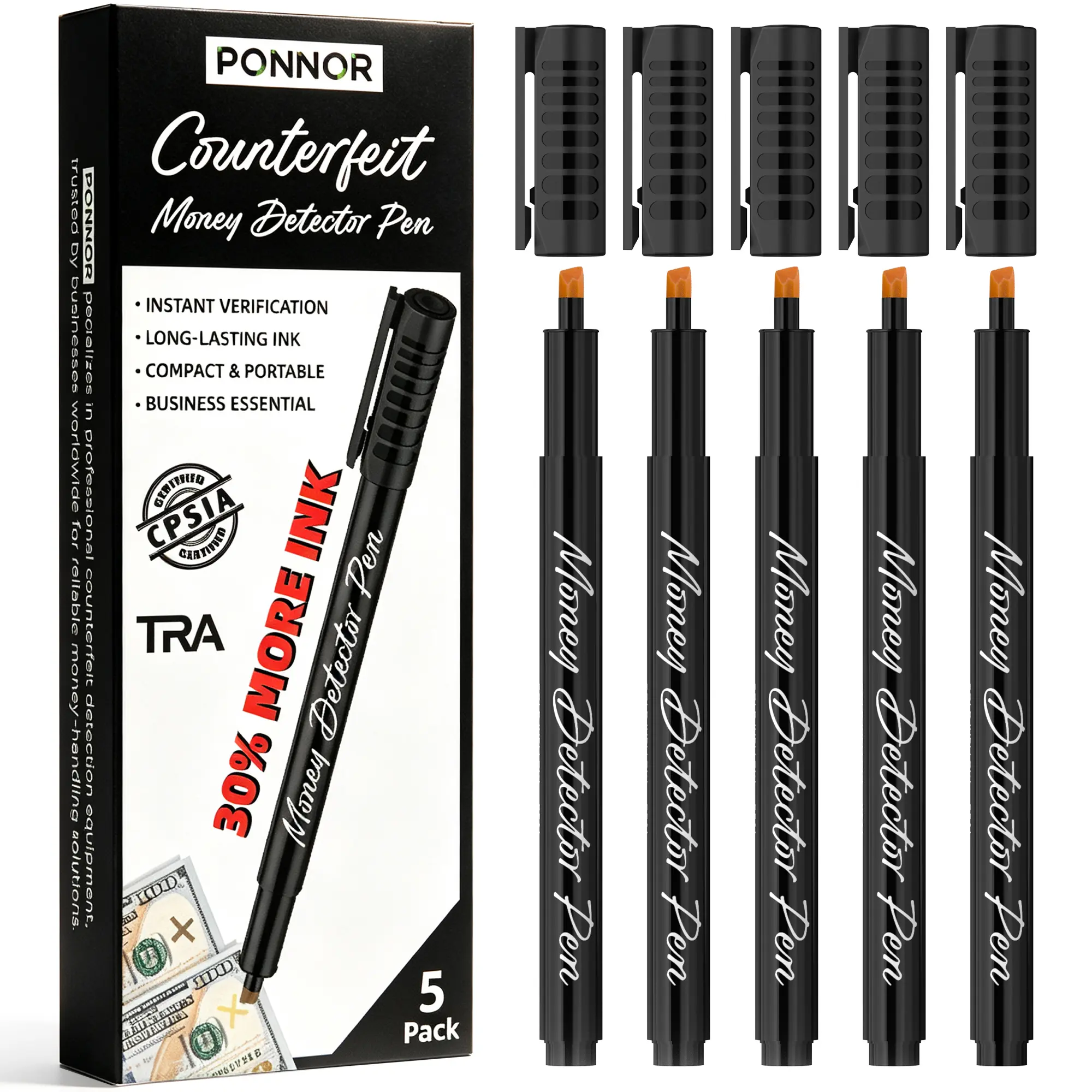 PONNOR  Counterfeit Money Detector Pen (5-Pack) – Upgraded Chisel Tip, Quick Pass/Fail Results, Universal Counterfeit Detection Kit,back to school,back to school haul cash envelope binder