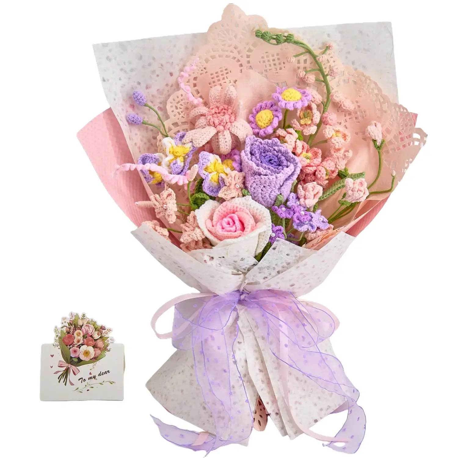 Handmade Crochet Flowers Bouquet Back to School Gift Teacher Gift for Students with Pink & Purple Rose Tulip Flowers, Forever Crochet Bouquet Gift for Her Girlfriend Women, Greeting Card Home Decor US Fast Shipping