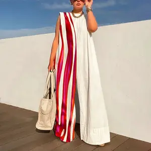 Women's Sleeveless Wide Leg Contrast Color Printed Shoulder Pad Striped Jumpsuits