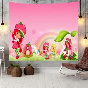 S-Strawberry Shortcake Cartoon Photo Backdrop Kids Happy Birthday Party Photography Backgrounds Banner Photoshoot Backdrops