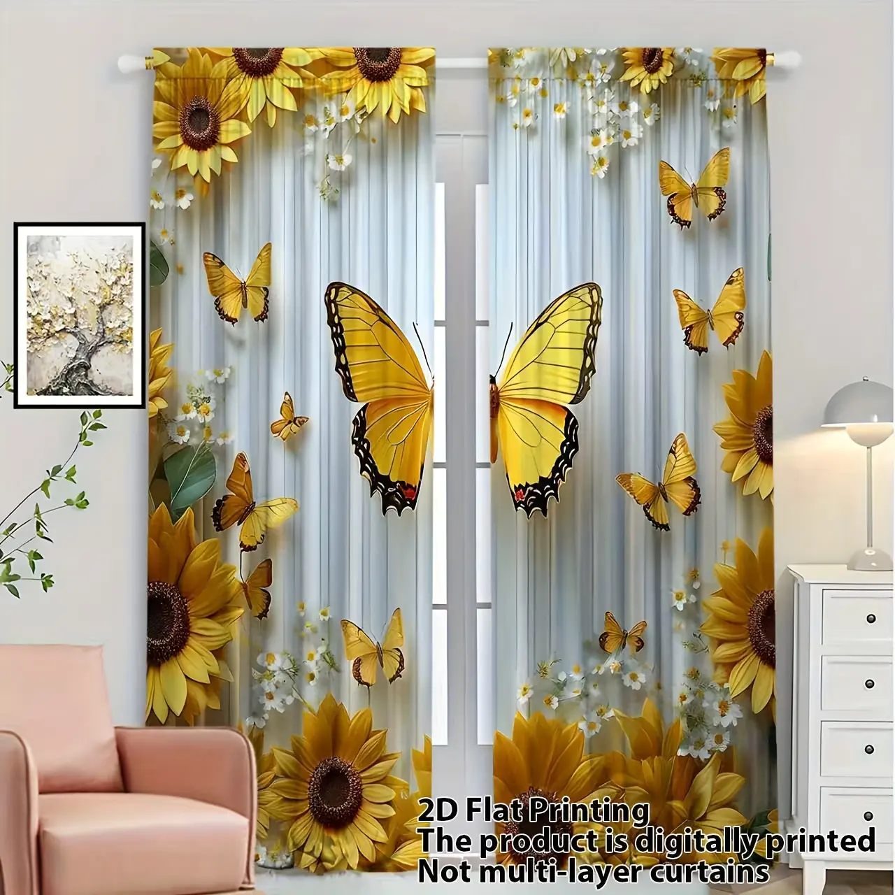 2-piece set, 2D printing "Eternal Yellow Butterfly Floral Pattern" polyester fabric, translucent machine washable curtain panel, Curtains Floral, suitable for living room, bedroom home decoration, Home Decorative Curtain, Window Drapes