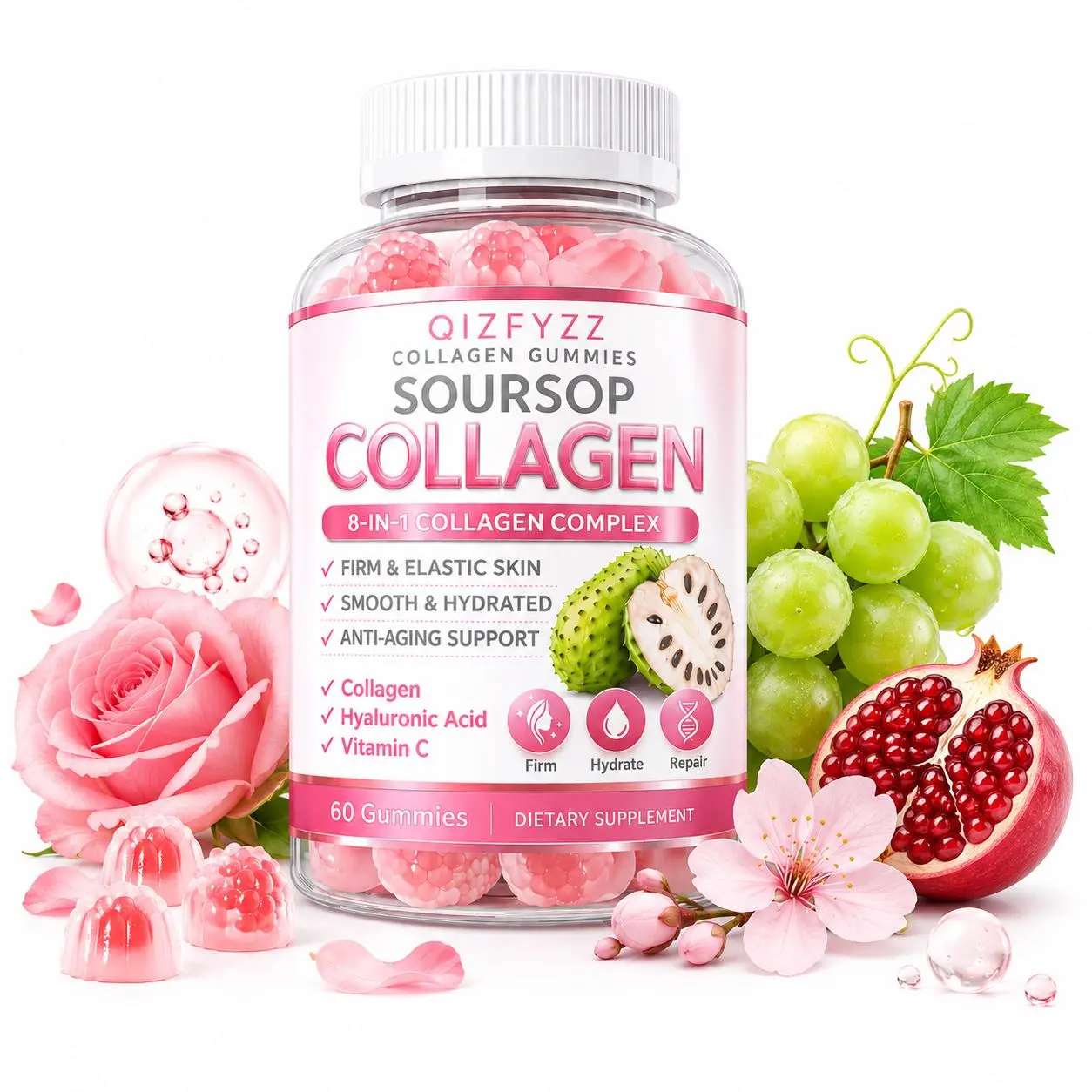 summervibes Edible Chewable Soursop Collagen Gummies - 8-in-1 Natural Skin Care Dietary Supplement with Hyaluronic Acid, Vitamin C, Antioxidants - Deep Hydration, Skin Firming - Vegan, Non-GMO, 60 Count
