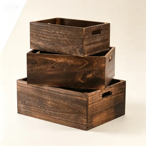 Set of 3 Wooden Storage Crates with Handles, Rustic Farmhouse Decorative Crates for Shelves, Natural Solid Wood Nesting Baskets with Cutout Handles, Handmade Storage Containers for Farmhouse Décor, Versatile Stackable Wood Crates for Organizing