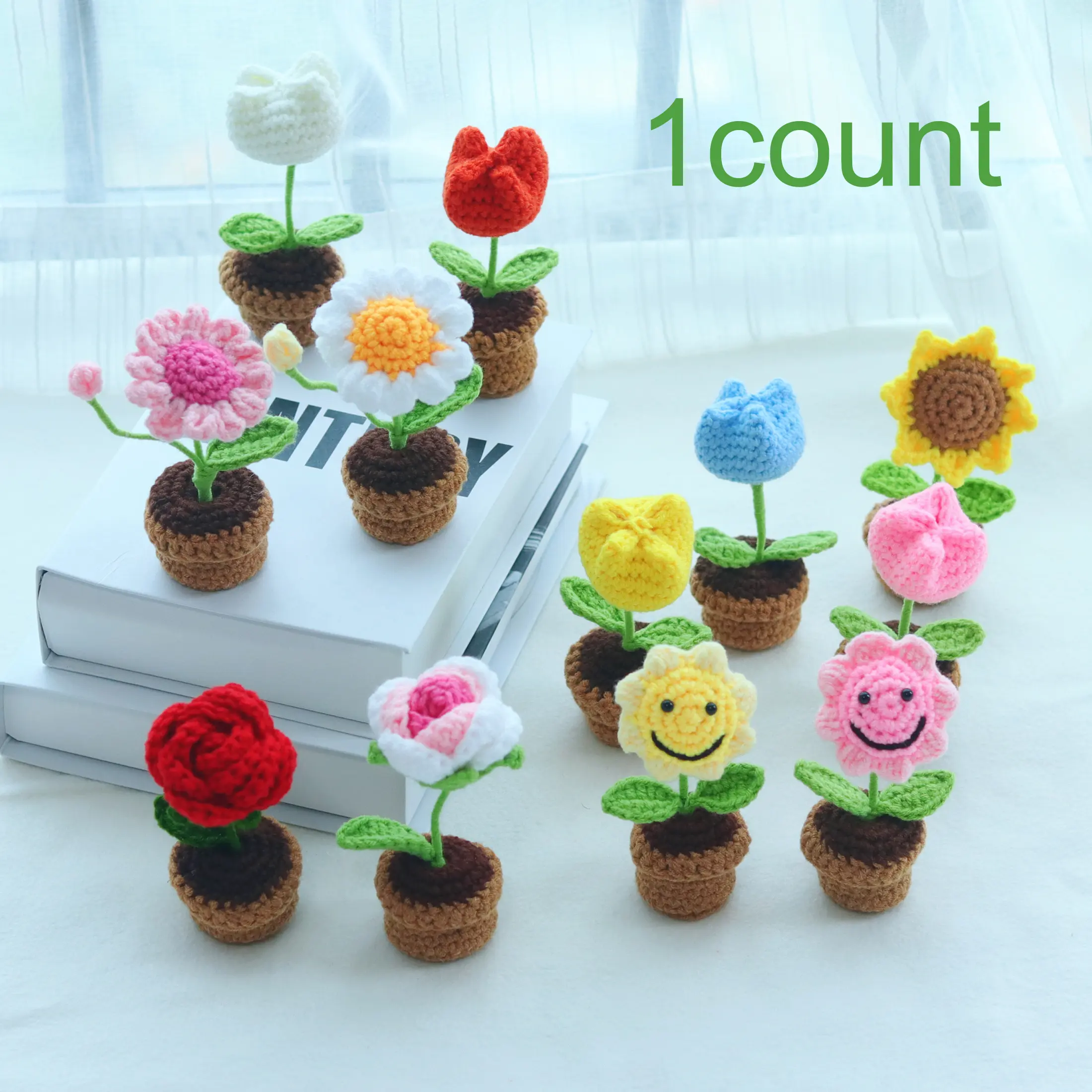 Handcrafted Crochet Mini Cute Artificial Potted Plant Decor, Artificial Plants, Ideal for Home Decoration, Car Accessory, Office Desk Ornament, Perfect Gift for Parties & Weddings