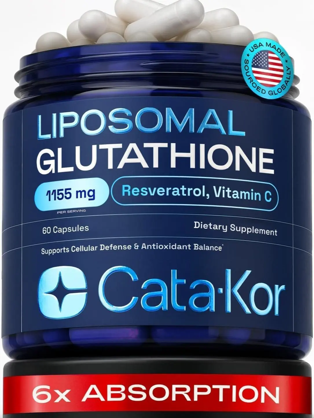 Cata-Kor Liposomal Glutathione – Ultra High Absorption with Resveratrol, Vitamin C, Selenium & Vitamin B2 (60 Count (Pack of 1))