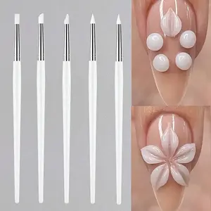 5-Piece Nail Art Brush Set with Silicone Tips, Manicure Brush, Professional Tools for Trimming, Engraving, Embossing & Dotting Acrylic Nails