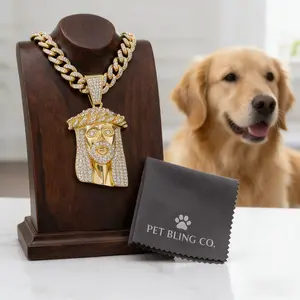 Shiny Cuban Chain Pet Collar With Jesus Pendant High Quality Accessory For Cats And Dogs