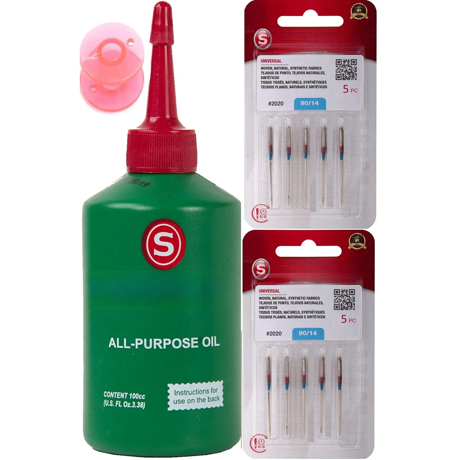 Singer All Purpose Sewing Machine Oil, 3.38-Fluid Ounce, and 10 Counts of Singer Sewing Machine  2020 Red Band Size 14/90 Bundle with  Brand Plastic Bobbin
