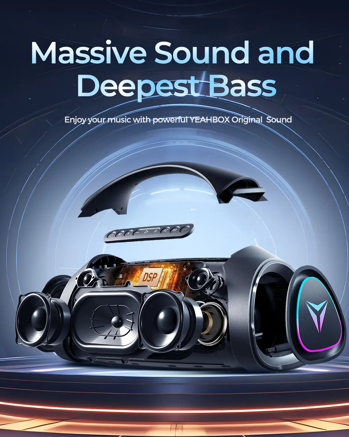 YEAHBOX Sonic Boom Max Portable Bluetooth Party Sound System - 200W RMS/300W Peak Stereo Audios, 3-Way TriFonic Pro HiFi, PulseBass X Oval Woofer, 5 Drivers, BT 5.3, EQ, USB-C Fast Charge, Water-Resistant, Camping-Ready Battery-Powered Bluetooth Speaker,,