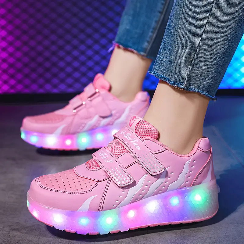 Girls' All-Season High-Top Roller Skates with LED Light-Up Wheels, 2-Wheel Synthetic PU Leather Design with a Velcro Strap for Female Kids, Rollerskates, Trendy, Led Lighting Shoes, All Seasons, Night Glider