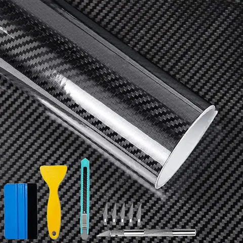1ft x 10ft High-Gloss Carbon Fibre Roll Wrap with Tool Kits, Air Release Technology Detailing Decal, Auto Accessories Interior-Vehicle DIY Decor Sticker