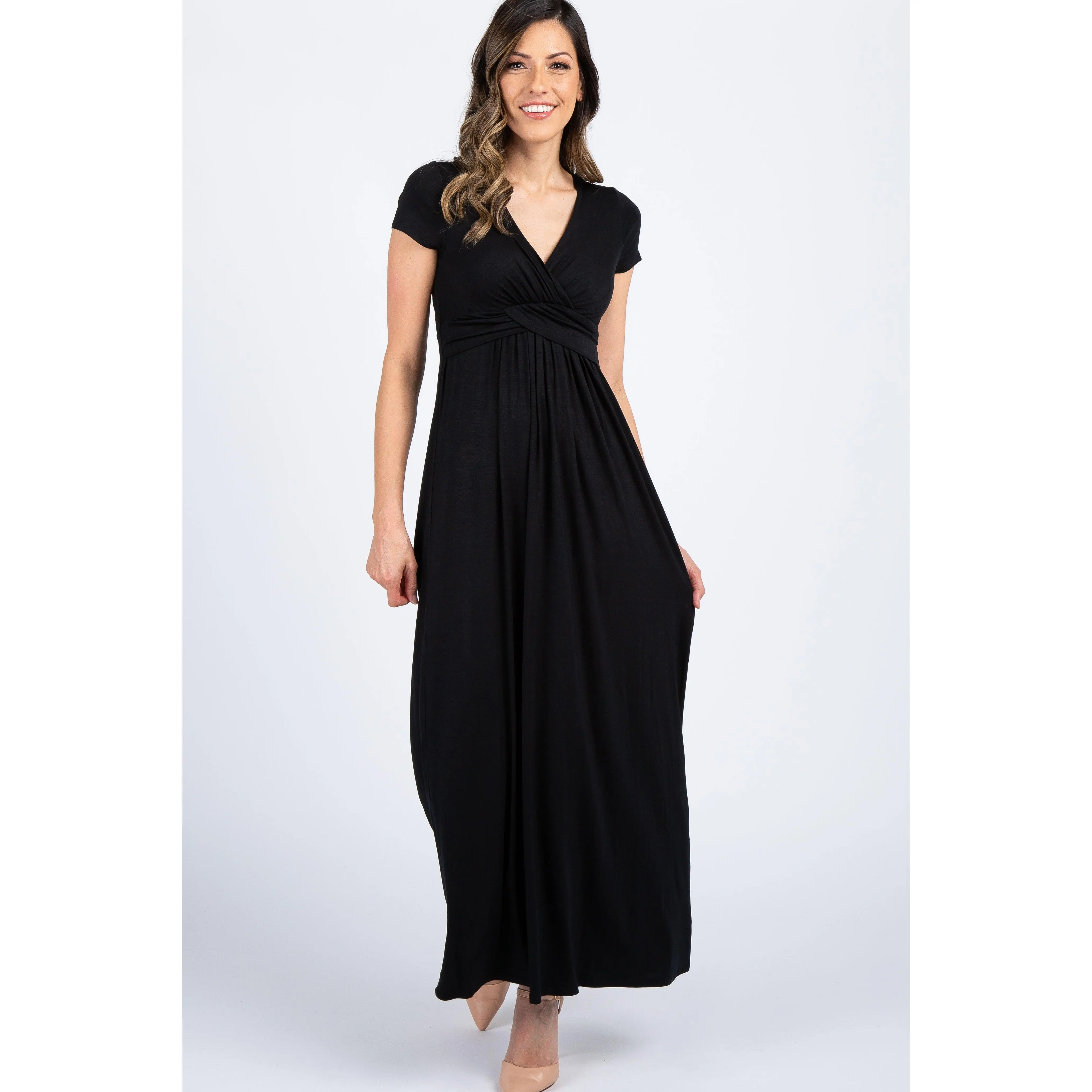 Women's Petite Black Solid Fabric Maternity Nursing Dress, Postpartum Outfit with Cinched Bust & Draped Look (PinkBlush)