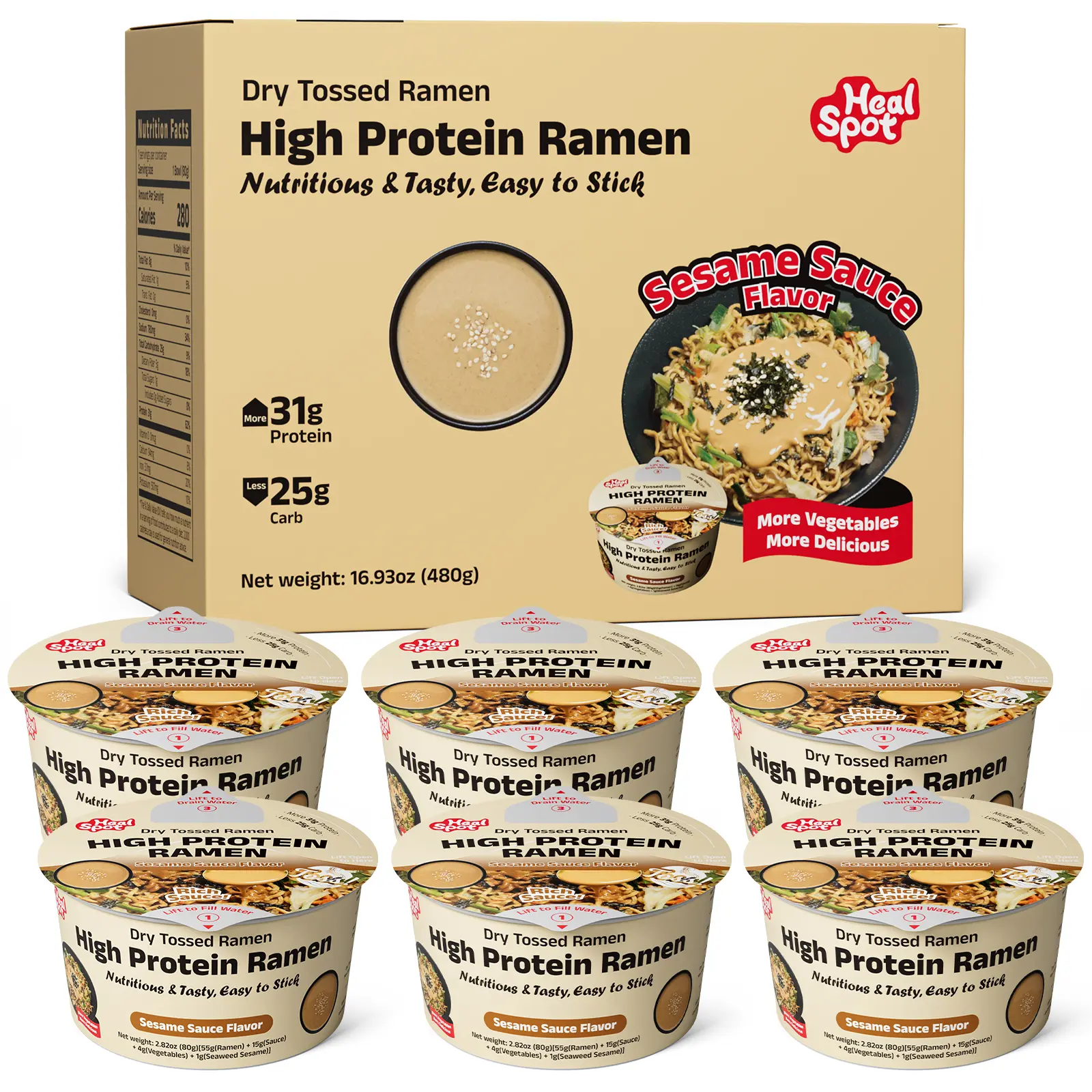 HealSpot High Protein Instant Ramen, 6 Pack, 31g Plant-Based Protein, Non-Fried, Low Carb, Sesame Sauce Flavor