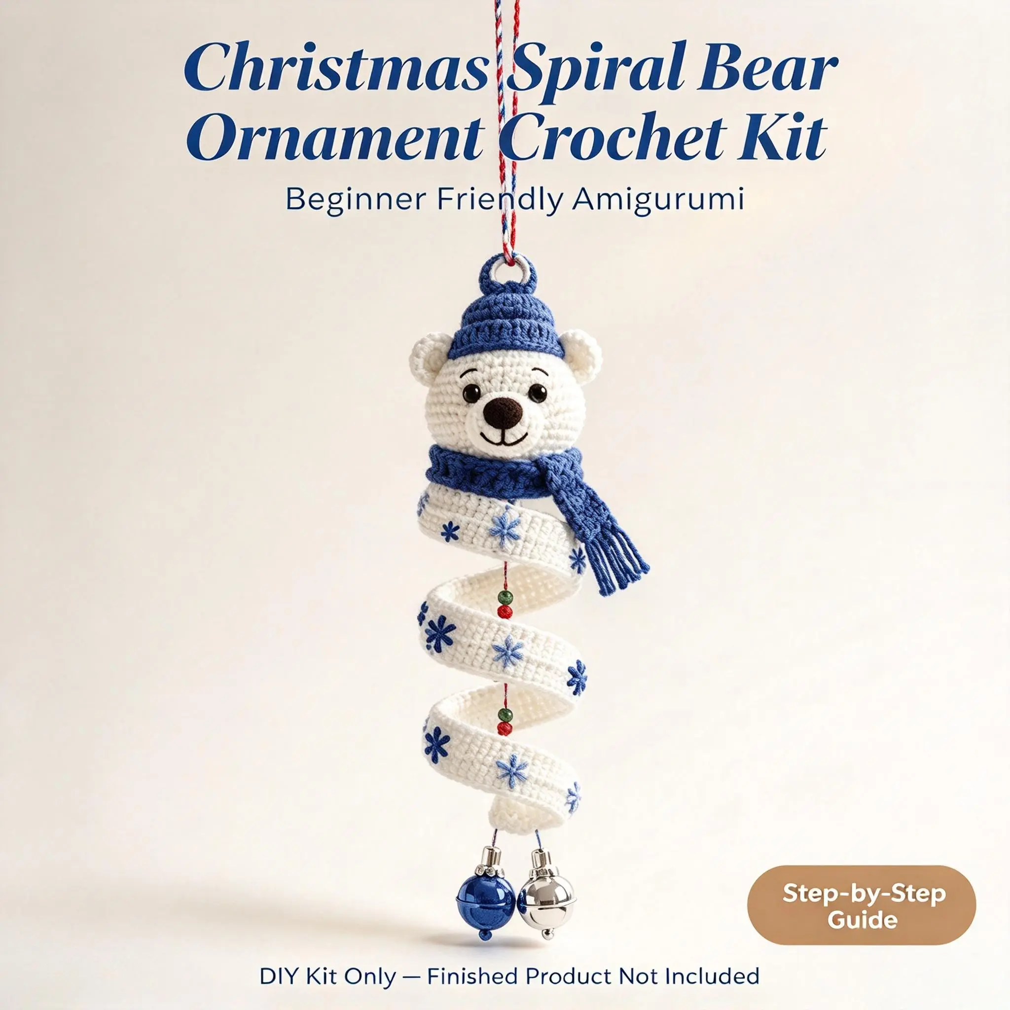 Christmas Spiral Bear Ornament Crochet Kit, Cute Amigurumi Bear with Blue Hat, Scarf, White Spiral Body, Snowflakes and Bells, Complete Yarn Materials, Hook, Stuffing & Accessories, PDF Step-by-Step Tutorial, Beginner Friendly, Holiday Decor, Gift for Fam
