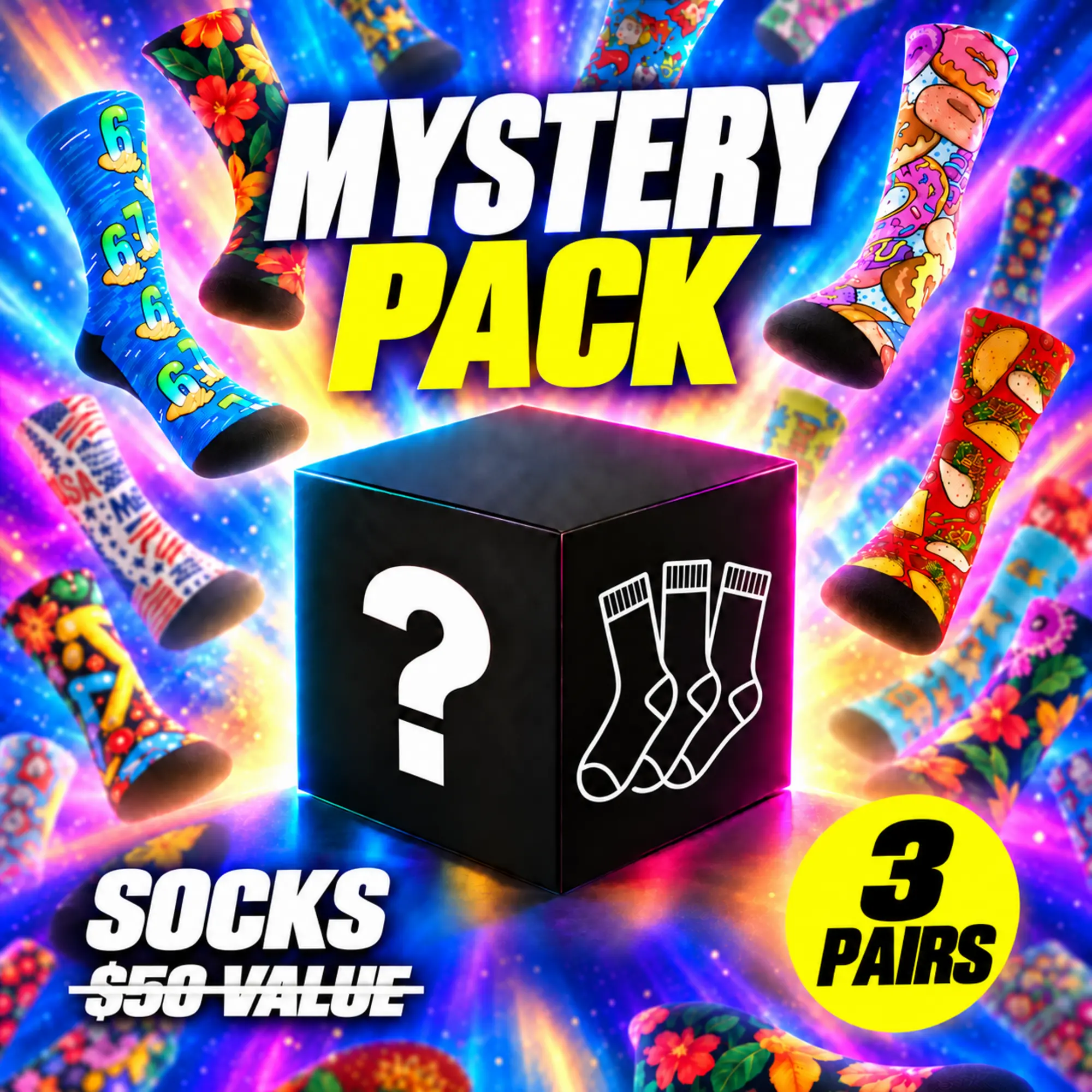 Rock 'Em Mystery Socks 3-Pack Bundle - Fun Socks Unisex Kids Adult 3 Pairs - Vibrant Bright Graphics Crew Mid Calf Socks
