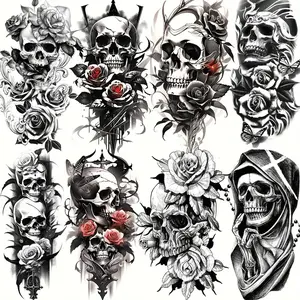 8 Halloween Themed Stylish 3d Gothic Skull Tattoo and Rose Temporary Tattoos, Durable Waterproof Body Art for Men and Women, Realistic Arm and Leg Tattoo Stickers, Body Fake Tattoos