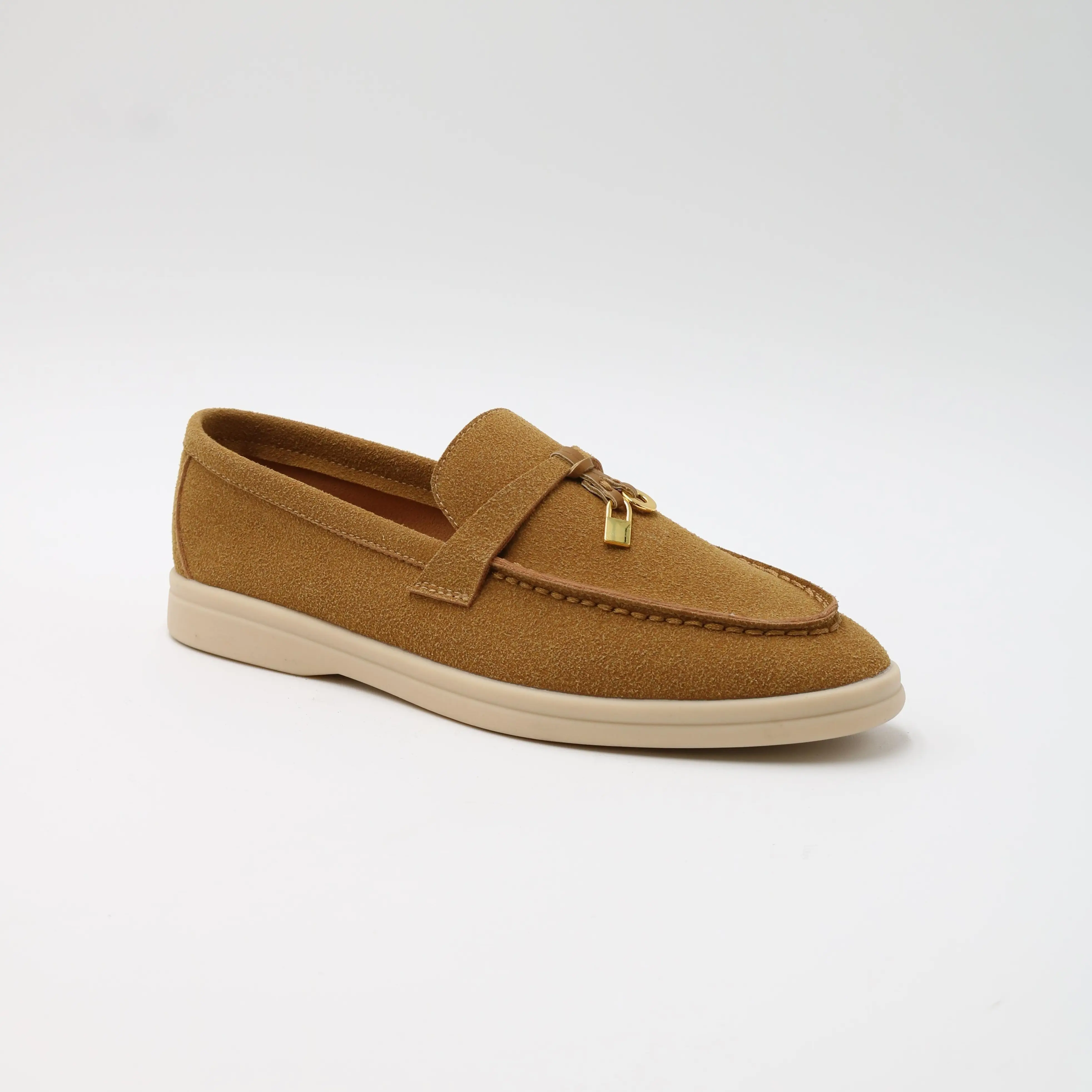 Women's Elegant Office Flats - Comfortable Faux Suede Slip-On Footwear, Gold Accent Embellished Loafers, CHARLIE-01 Shoe