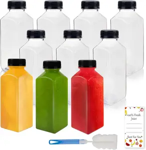 10 Pcs 12oz Square Lightweight Leakproof Plastic Juice Bottles with Lids, Reusable Food-Grade Organiser Containers for Juicing, Smoothies, Ideal for Home Supplies Storage & Gift Option