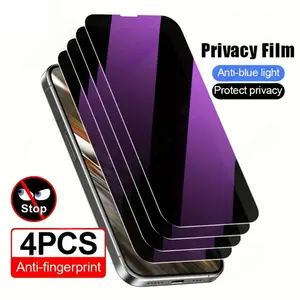 4 Pcs Blue Light Blocking Privacy Protective Screen Protectors Compatible With iPhone 17 Pro Max, 17 Air, 17, 16 Pro Max, 16, 16E, 15 Pro, 15, 14, 13, 12, 11, Plus, Mini, X, XR, And XS Max, 9H+ Hardness Tempered Glass, Scratch Resistance