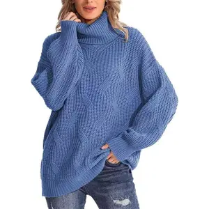 Women’s loose-fit knit pullover with a turtleneck, long sleeves, an elegant solid color design, and a crew neckline; women’s knitwear