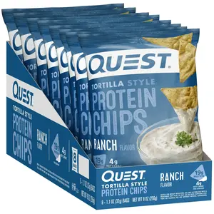 Quest Tortilla Style Protein Chips with 19g of Protein, Ranch Flavor, 1.1 Oz Bags, 8 Count Snack Crispy