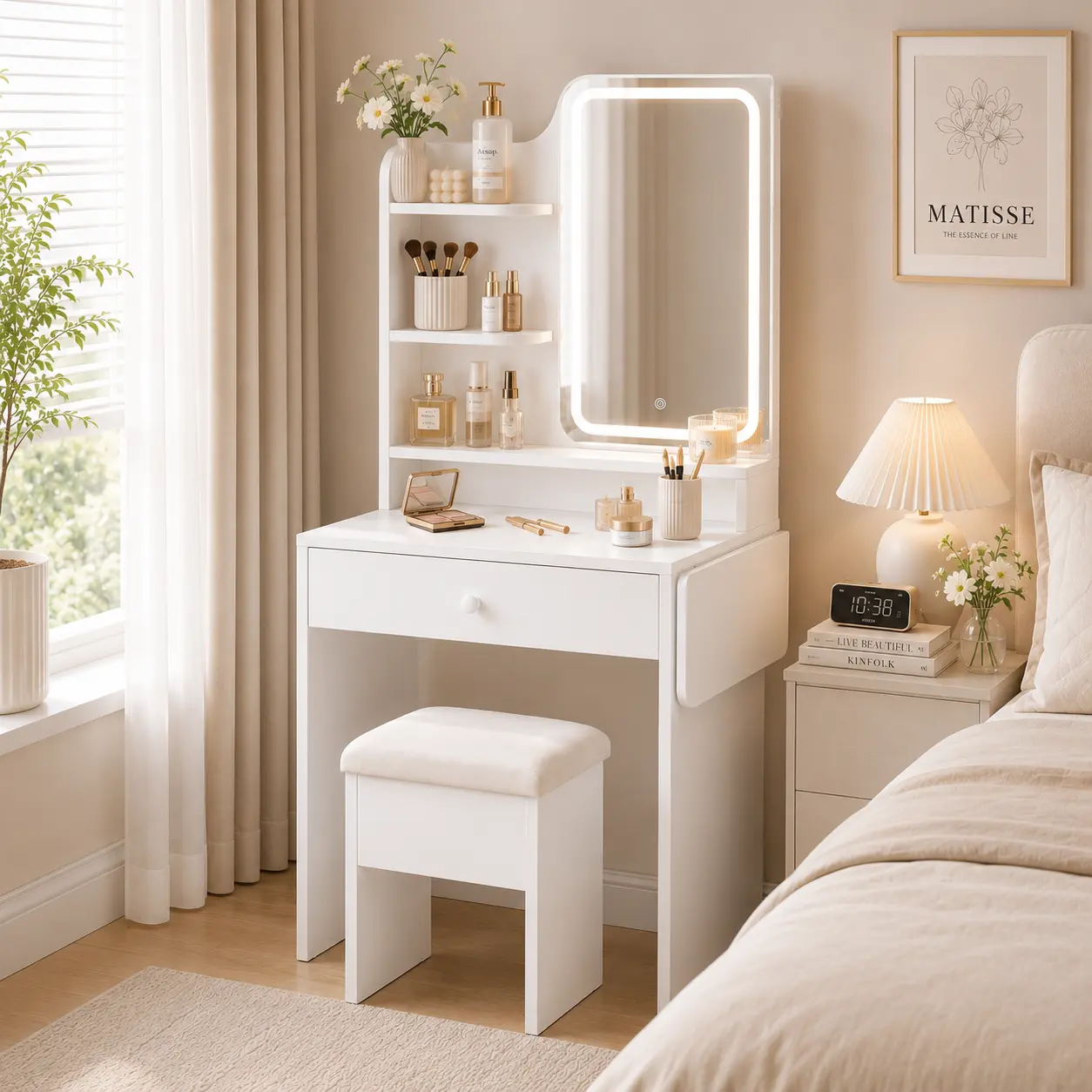 Small Vanity Set Chair Makeup Table with 3 Tier Open Shelves Drawers & Hidden Storage Stool Foldable Side Shelf Outlets & USB Ports for Bedroom, White