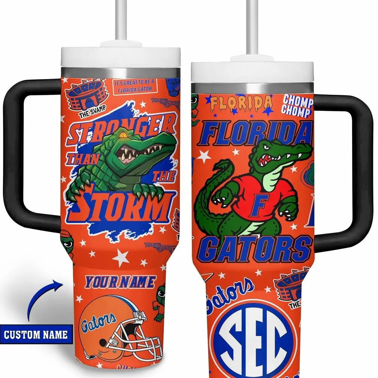 Custom Name Orange Blue Gator 40oz Tumbler with Handle | Personalized Florida Game Day Travel Mug | College Football Fan Gift