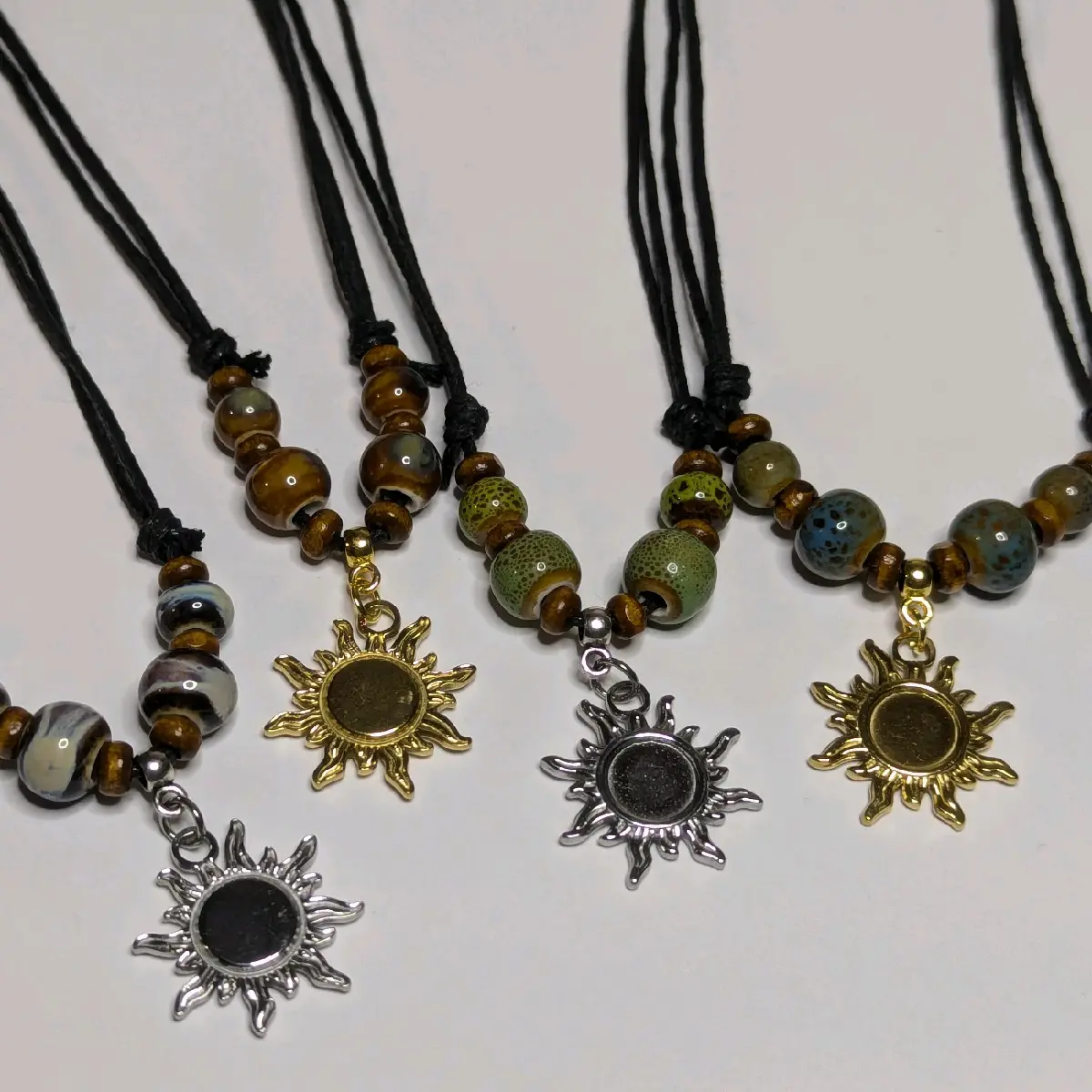 Sun Charm Stainless Steel Charm Ceramic Beaded Silver or Gold Boho Hippie Whimsical Gothic Adjustable Black Rope Cord Choker Stacking Necklace jewelry
